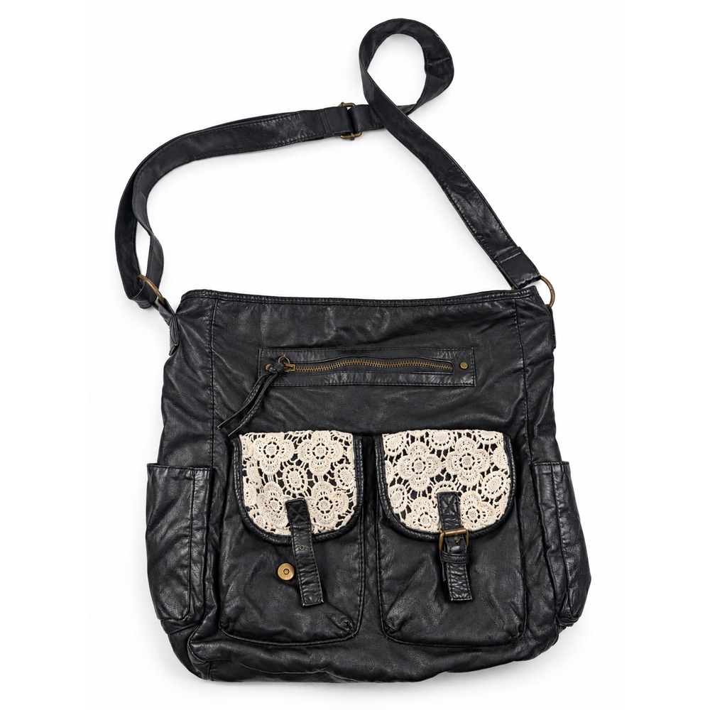 T-Shirt & Jeans Vintage Y2K Black Faux Leather Crochet Lace Boho Crossbody Bag